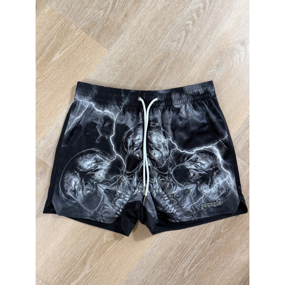 YoungLA Skull Lightning Graphic Mesh Gym Shorts Black - Size XL
